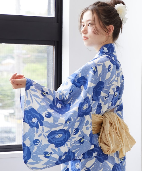 高級洗える浴衣　新品 高級浴衣4点セット☆アンティークローズ くすみネイビー Y4-76