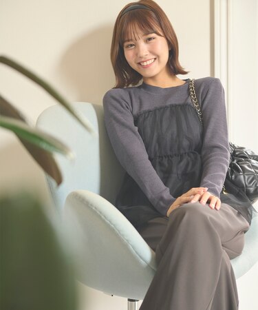 【洗える】チュールコンビ プルオーバーニット