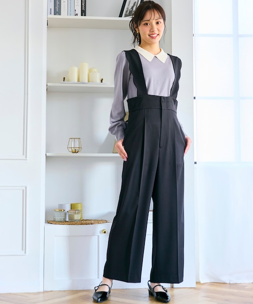 【洗える】スカラップデザイン・サスペンダー付きパンツ