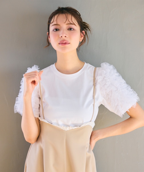 【洗える】チュールスリーブ Tシャツ