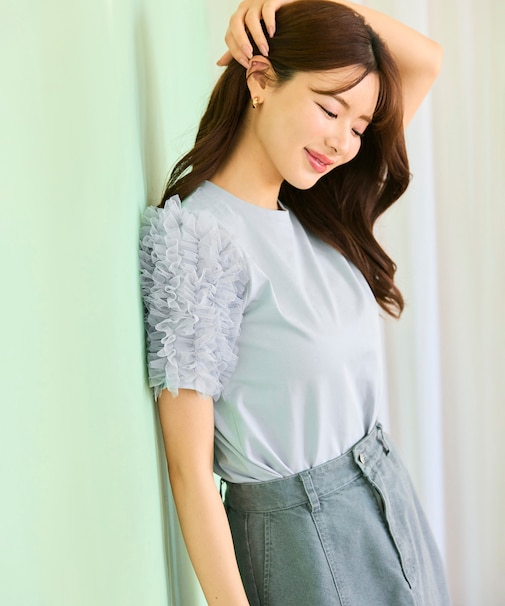 【洗える】チュールスリーブ Tシャツ