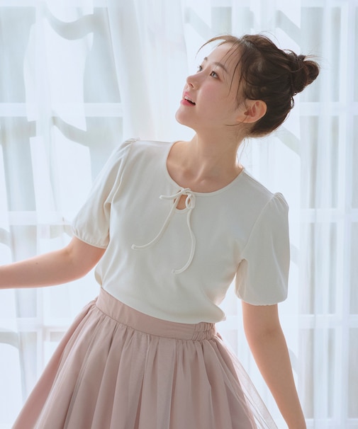 【洗える】リボンアクセント Ｔシャツ