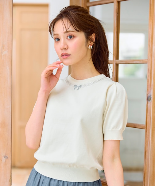【洗える】ビジューネックレスニット