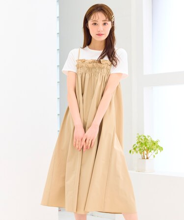 【洗える】レイヤード風 ギャザーワンピース