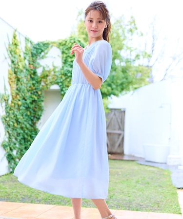 【洗える】ギャザーデザインパフスリーブワンピース