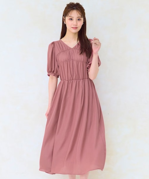 【洗える】ギャザーデザインパフスリーブワンピース