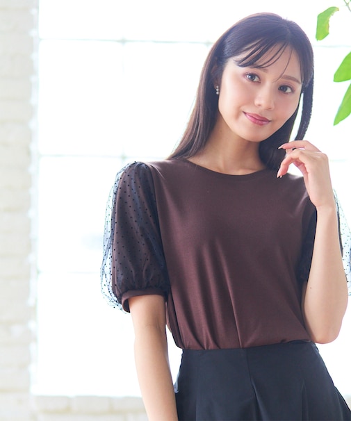 【汗ジミが目立たない・洗える】チュール袖パフスリーブ Tシャツ