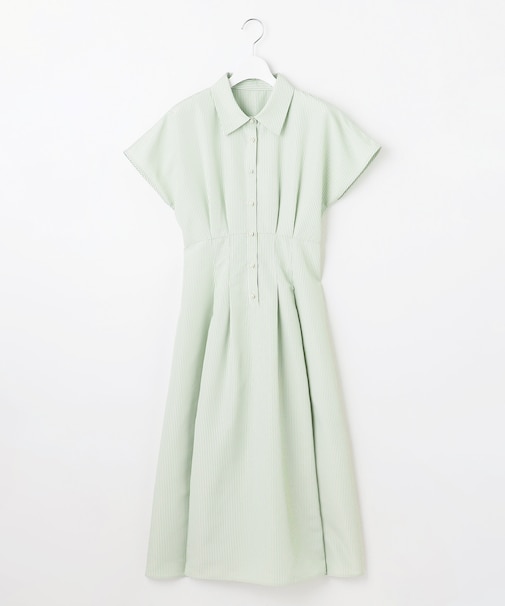 【洗える】パールボタンストライプ シャツワンピース