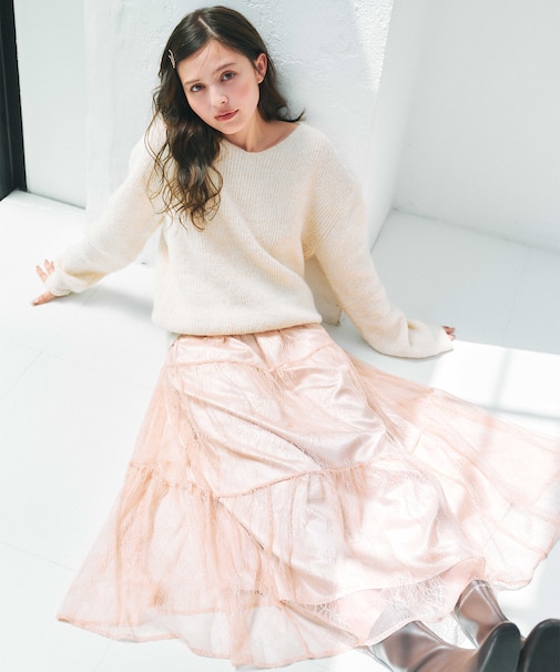 【洗える】ニット×ティアードレース スカート