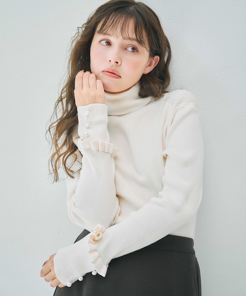 【洗える】パールボタン リブタートル ニット