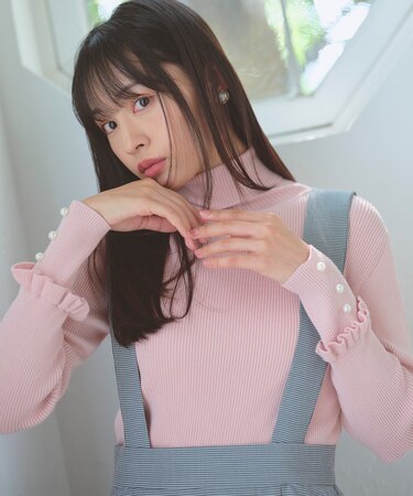 【洗える】パールボタン リブタートル ニット