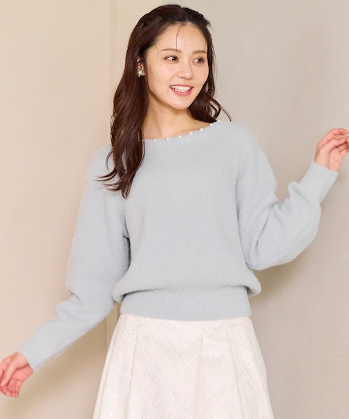 パール付きシャギー ニット