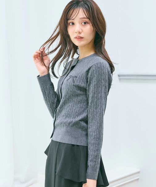 ケーブル編み×リボン刺繍 ニット カーディガン