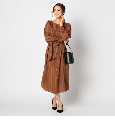共布リボン付パール釦シャツワンピース