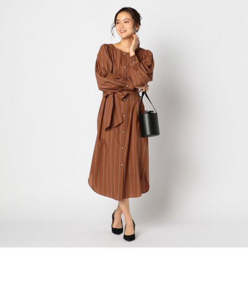 共布リボン付パール釦シャツワンピース