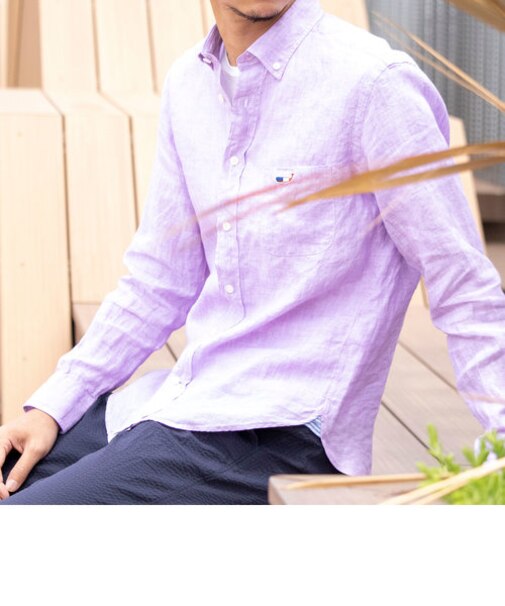 クジラ ワンポイント リネン ボタンダウン シャツ