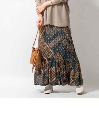 デボープリントフラウンスヘムマキシ丈スカート