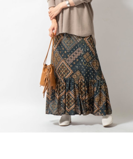デボープリントフラウンスヘムマキシ丈スカート