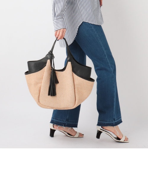 美品✨ マルコマージ 雑材 トートバッグ ラフィア風 ストロー ブラック A4 美品✨ マルコマージ 雑材 トートバッグ ラフィア風 ストロー