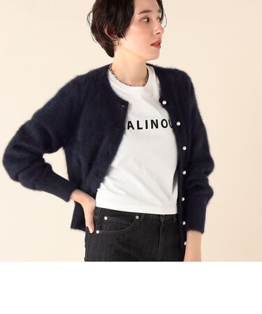 ヘアリーパール釦クルーネックカーディガン