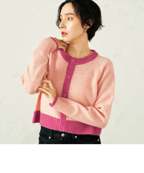 《手洗い可能》クルーネック配色ショート丈カーディガン