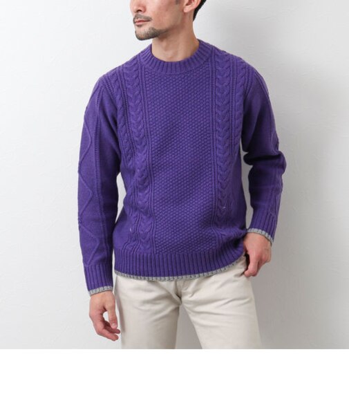 アラン柄 配色ライン プルオーバーニット