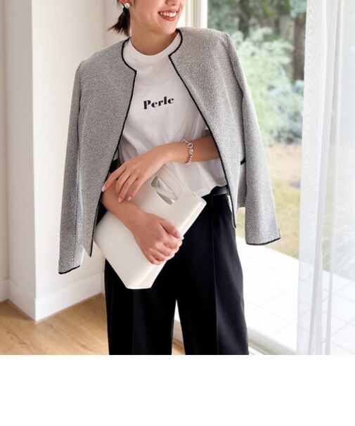 ◇【WEB限定】ラメツイードストレッチクルーネックジャケット