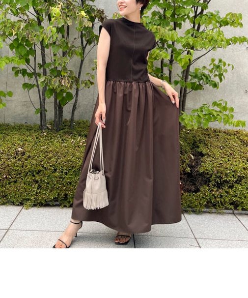 リブ×タフタ ノースリーブドッキングワンピース