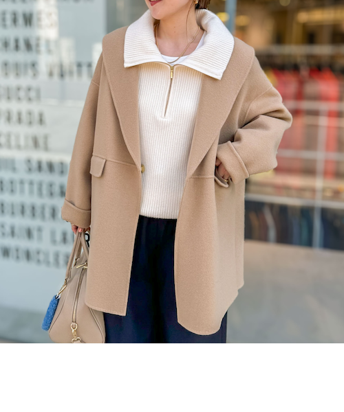 45R ショールカラーウールコート カットオフ R刺繍 ベージュ サイズ1 コート アウター ショールカラーウールコート「低身長・小柄女性