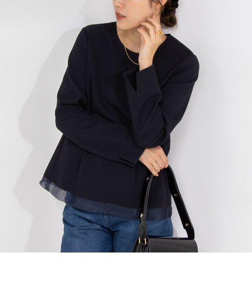 【タグ付き】Nolly’s ウォッシャブルウール調ペプラムブラウス オフホワイト セットアップ対応》ウォッシャブルウール調ペプラムブラウス