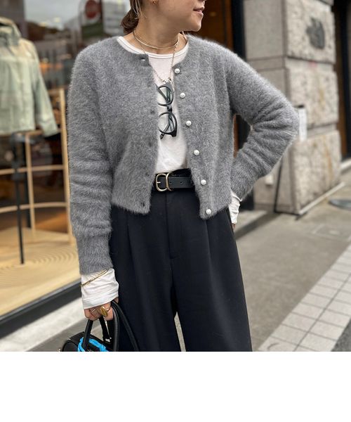 カシミヤ混ヘアリーパール釦クルーネックカーディガン｜ノーリーズの