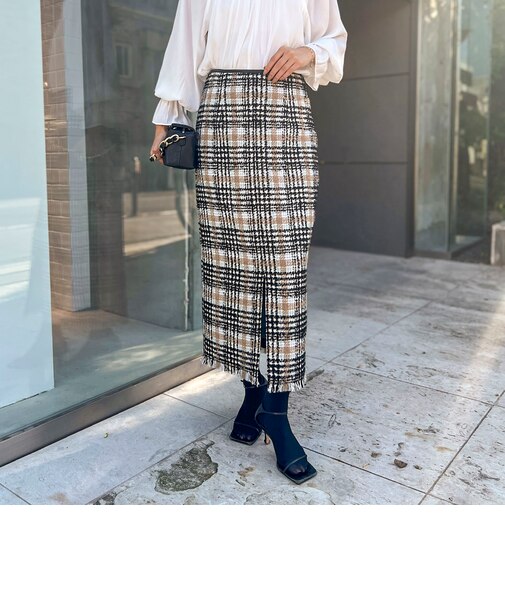 《セットアップ対応》ツイードチェックフリンジタイトスカート