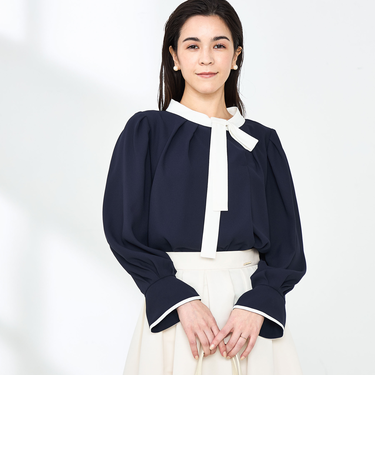 ストレッチジョーゼット配色アシメリボン風ブラウス