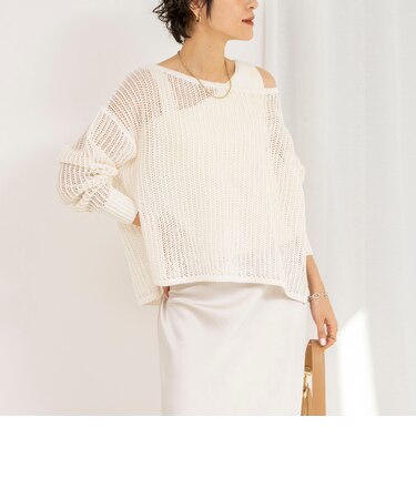 《手洗い可能》メッシュボートネックプルオーバーニット