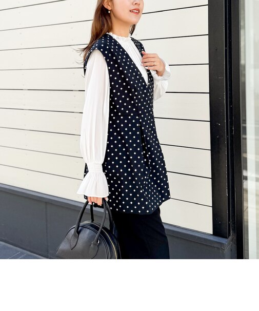 《セットアップ対応》ウォッシャブルストレッチドットジャガードペプラムジレ