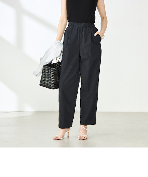 ウォッシャブル多機能ウエストフリルテーパードパンツ