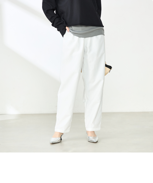 ウォッシャブル多機能ウエストフリルテーパードパンツ