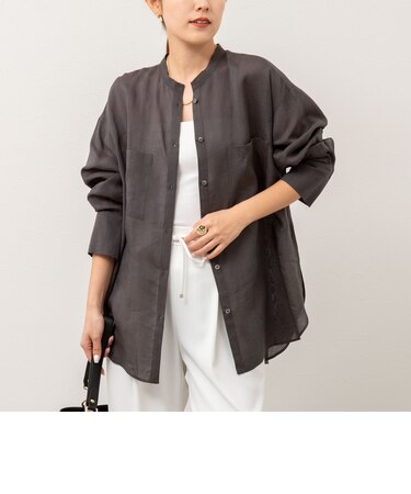 シアー/ストライプバンドカラーブラウス