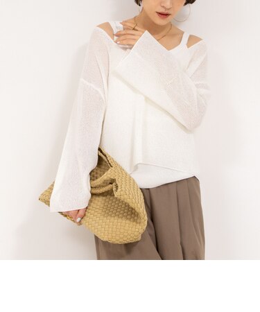 《アンサンブル対応》《手洗い可能》ペーパーヤーン深Vネックプルオーバーニット