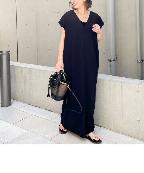 《セットアップ対応》《手洗い可能》ダンボールジョーゼット袖リブマキシ丈ワンピース