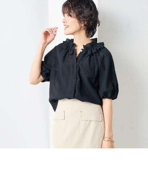 サッカーチェックフリルネックブラウス