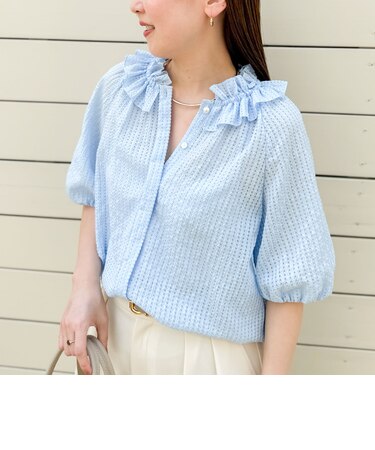 サッカーチェックフリルネックブラウス