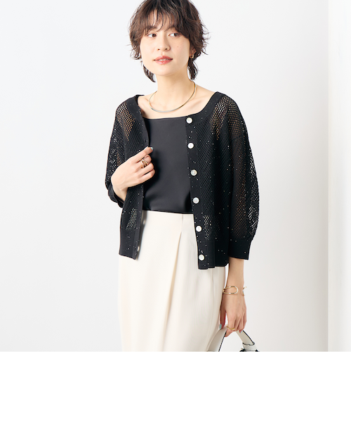 手洗い可能》スパンコールメッシュ5分袖カーディガン｜ノーリーズの