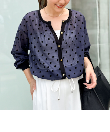 シアーフロッキードットクルーネックカーディガン