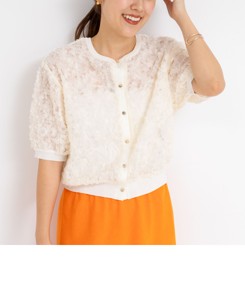 《手洗い可能》シフォン刺繍生地クルーネックカーディガン