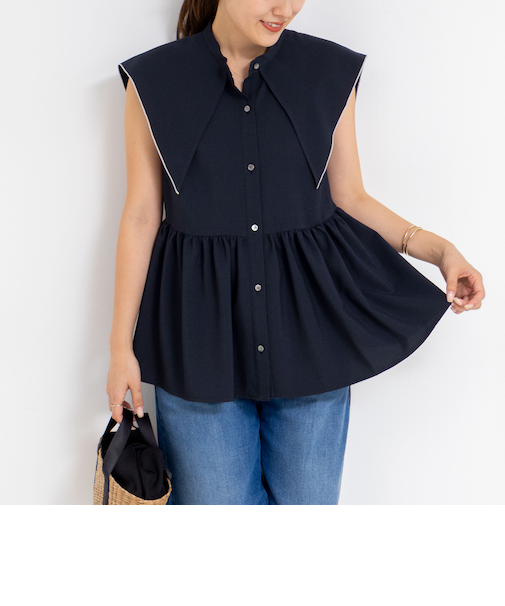 ビッグカラーノースリーブブラウス