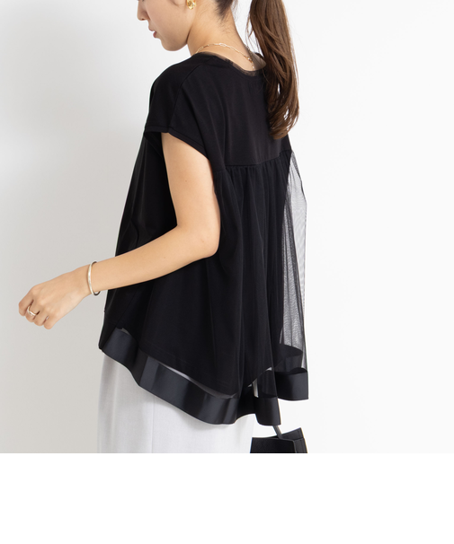 後ろチュール切り替えフレンチスリーブカットソー