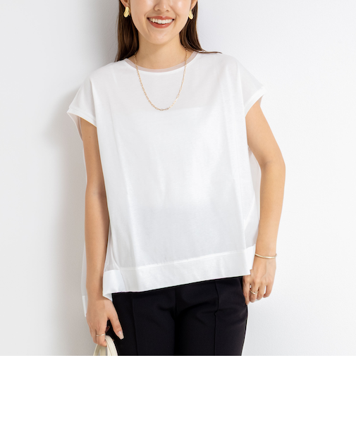 後ろチュール切り替えフレンチスリーブカットソー