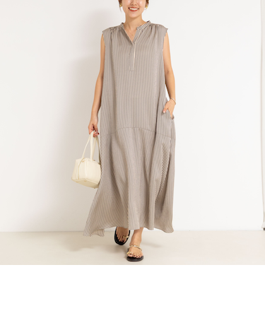 ウォッシャブルサテンストライプノースリシャツワンピース