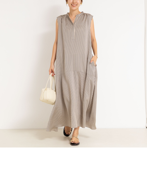 ウォッシャブルサテンストライプノースリシャツワンピース